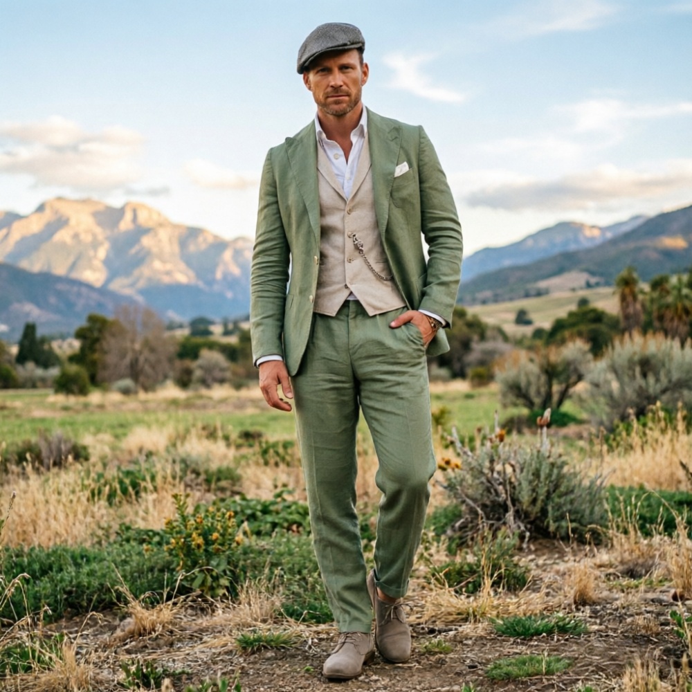 Men'S Formal Wear In Wedding - Sage Green Linen Men 3 Piece