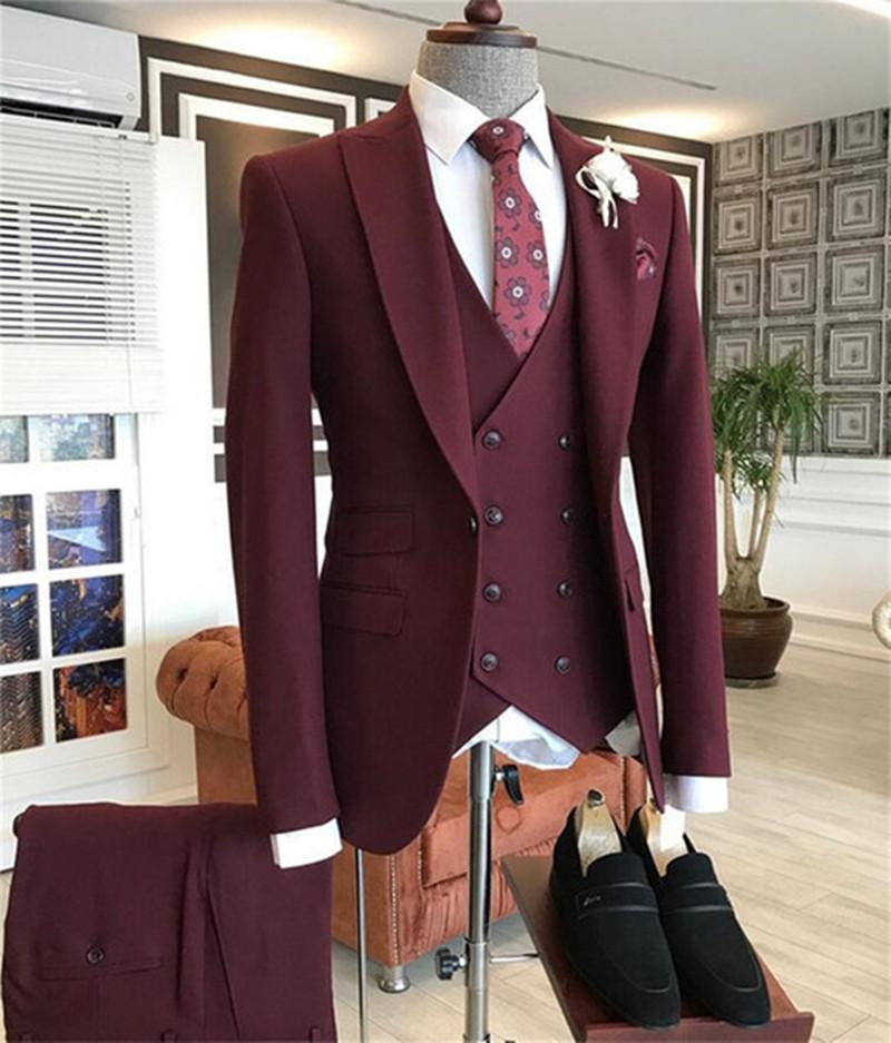 Men'S Formal Wear In Wedding - 2021 Burgundy Double Breasted Vest Costume