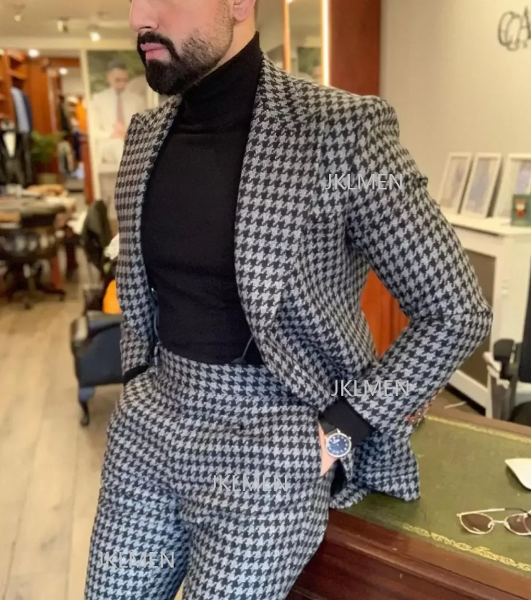 Men'S Formal Wear In Wedding - Houndstooth Mens Suits 2PCS Wedding Tuxedos