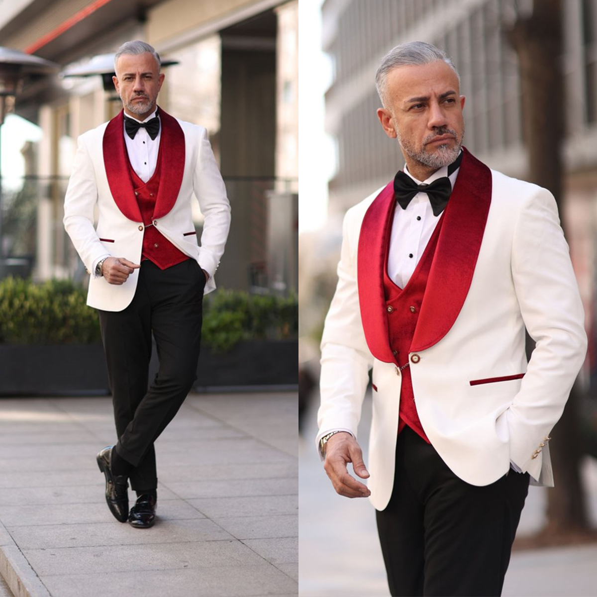Men Formal Wear Modern - Red White Men Wedding Tuxedos Velvet
